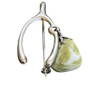 Vintage Silver Wishbone Brooch with Green Stone Charm Unique Jewelry Accessory R